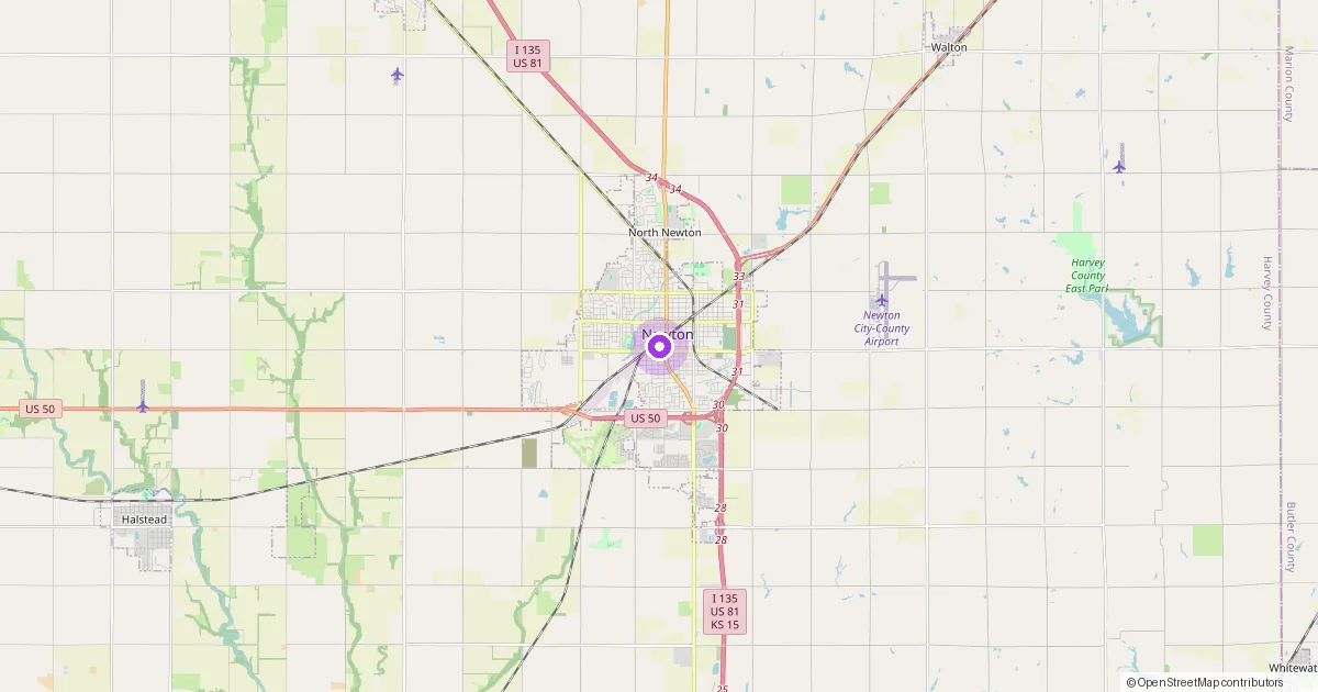 Map showing Newton, KS in Harvey County - part of the 2k Web Developments service area.