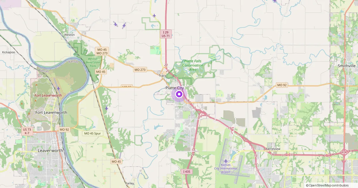 Map showing Platte City, MO in Platte County - part of the 2k Web Developments service area.